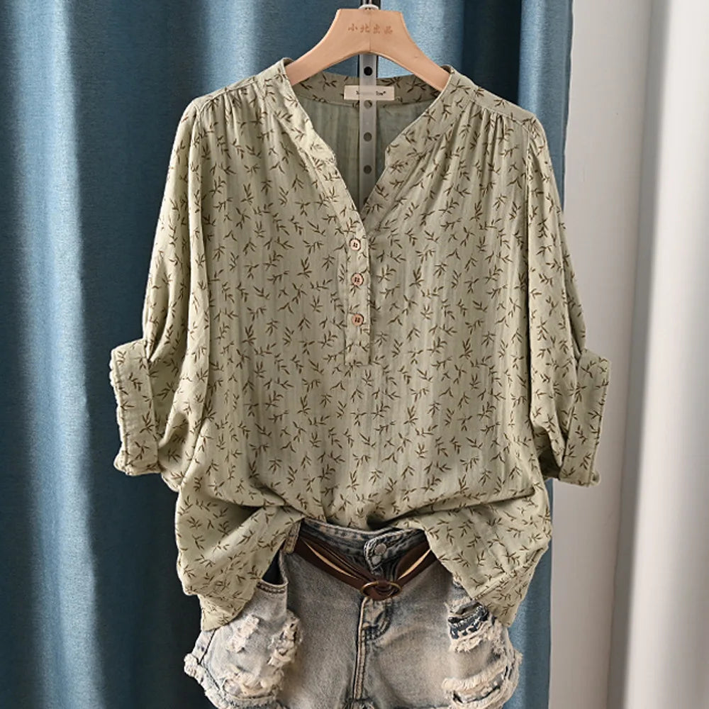 New Spring 100% Cotton Casual Shirt Women Batwing Sleeve Stand Collar Printed Top Girl OL Loose Blouses 2024 Summer T447104QM