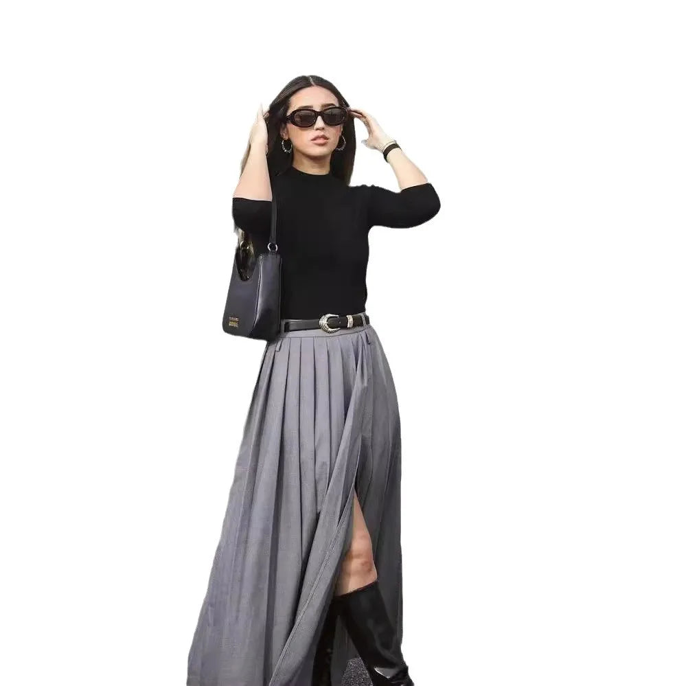 Female Clothing Skirts For Women's Gray Suit Pleated Skirt Fashionable New High Waist Slim Slit Commuting Long Skirt Y2k Clothes
