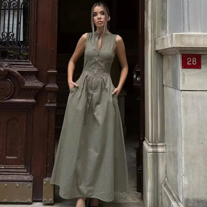 HXAO Female Dress Sleeveless Maxi Dress Women Pleated Zipper Party Dresses Fashion Slim Long Dresses Vacation Casual Dress Woman