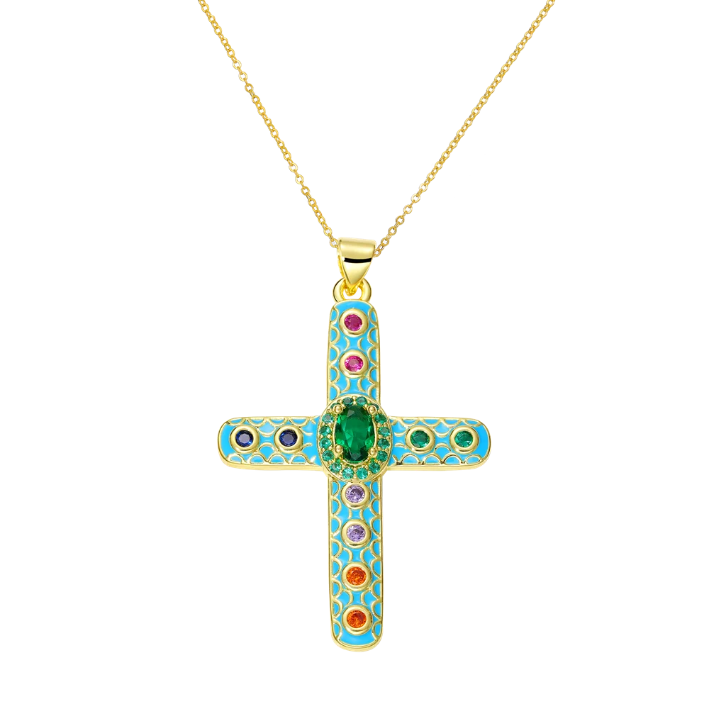 Juya 18K Real Gold Plated Handmade Decoration Cubic Zirconia Enamel Cross Pendant Necklace For Women Christian Jewelry Supplies
