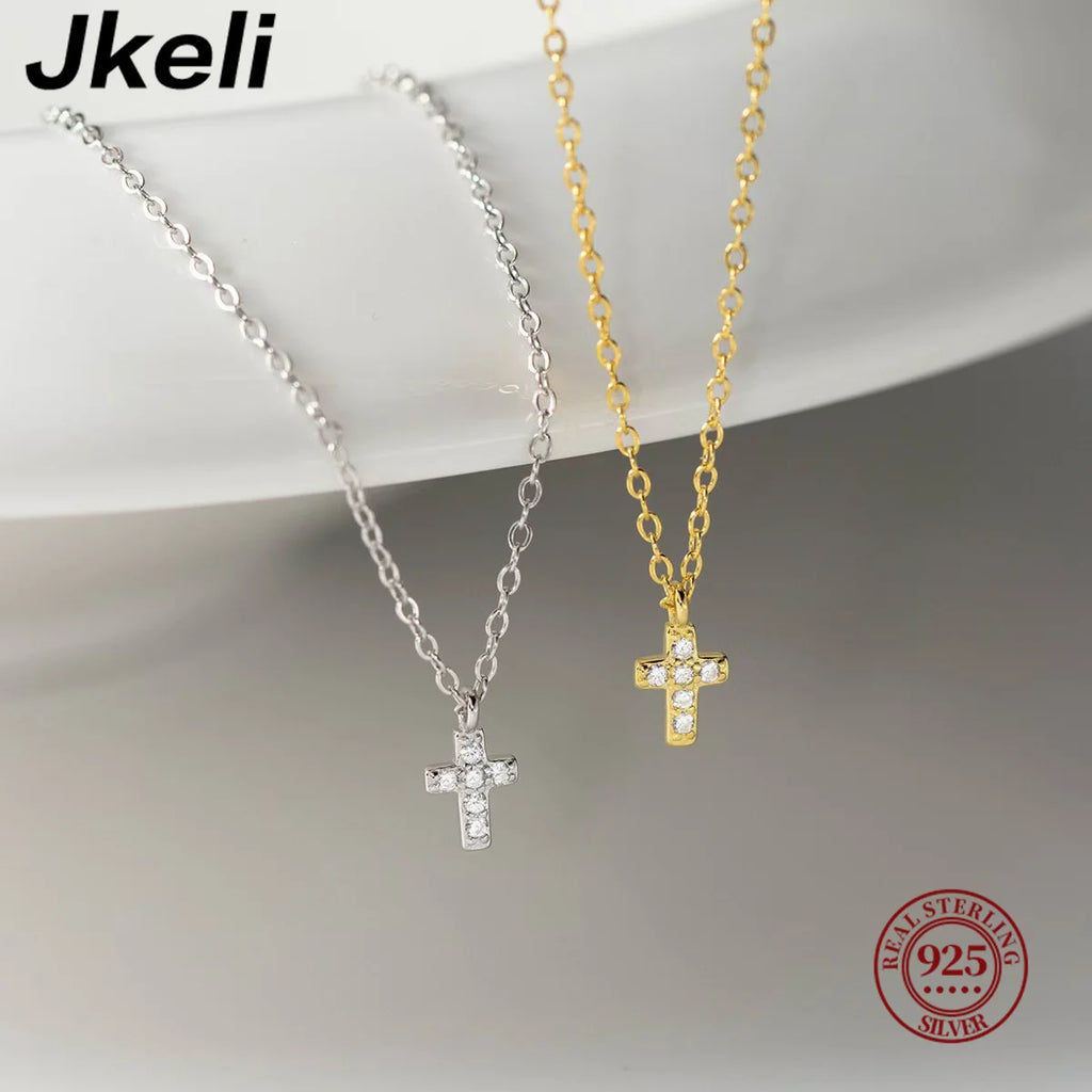 Jkeli 925 Sterling Silver Simple Pavé Crystal Cross Pendant Necklace Women Classic Temperament Wedding Party Jewelry  Gift