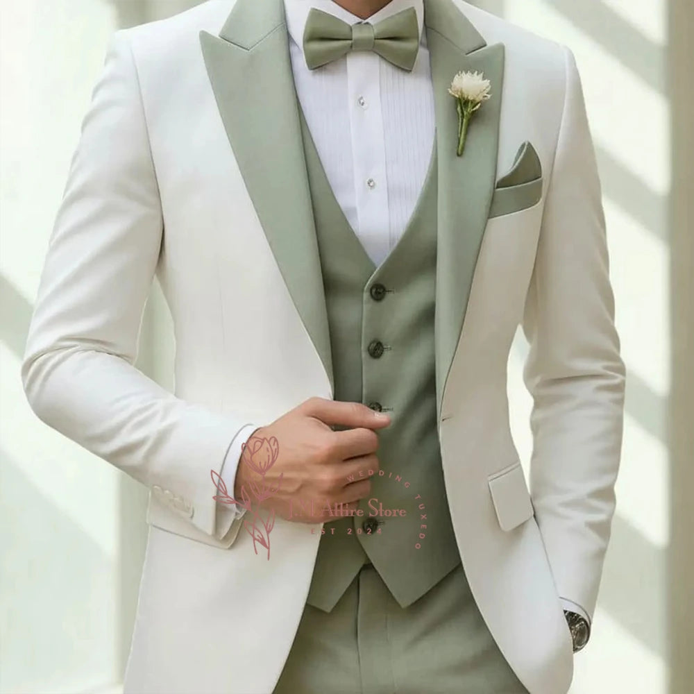 Men's Formal Suit White Blazer Sage Green Vest Pants 3-Piece Set Custom Partywear Wedding Tuxedo Groomsmen Green Outfit