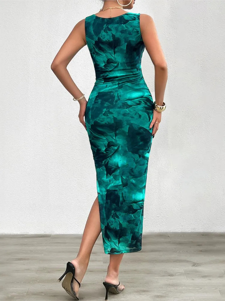 Women's Clothing 2025 Spring Summer New Fashionable Printed Temperament Slim Fit Sexy Sleeveless Tight Fitting Dress