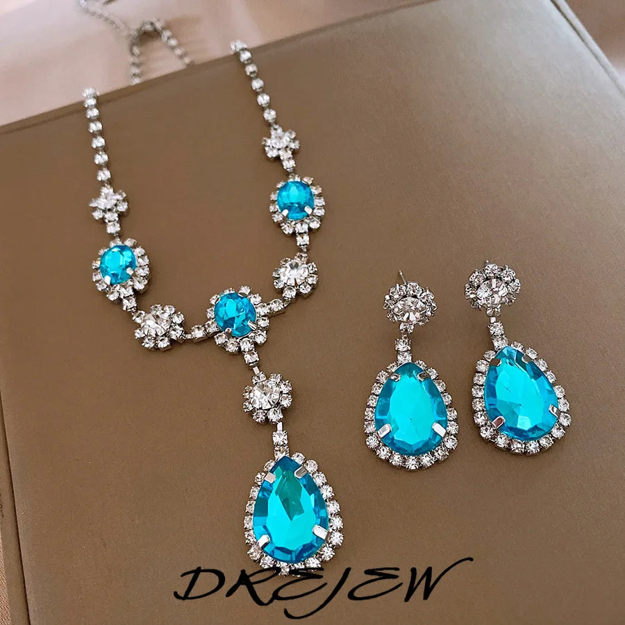 DREJEW Diamond-inlaid Blue Water Drop Jewelry Set for Women  Light Luxury High-end Temperament  Wedding Earrings Necklace Sets