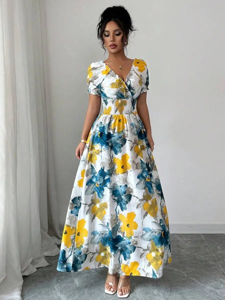 2026 Summer Women Slim Shirred Maxi Dress, V Neck Big Floral Print Long Dress, Yellow And Blue Flower Ladies Dress