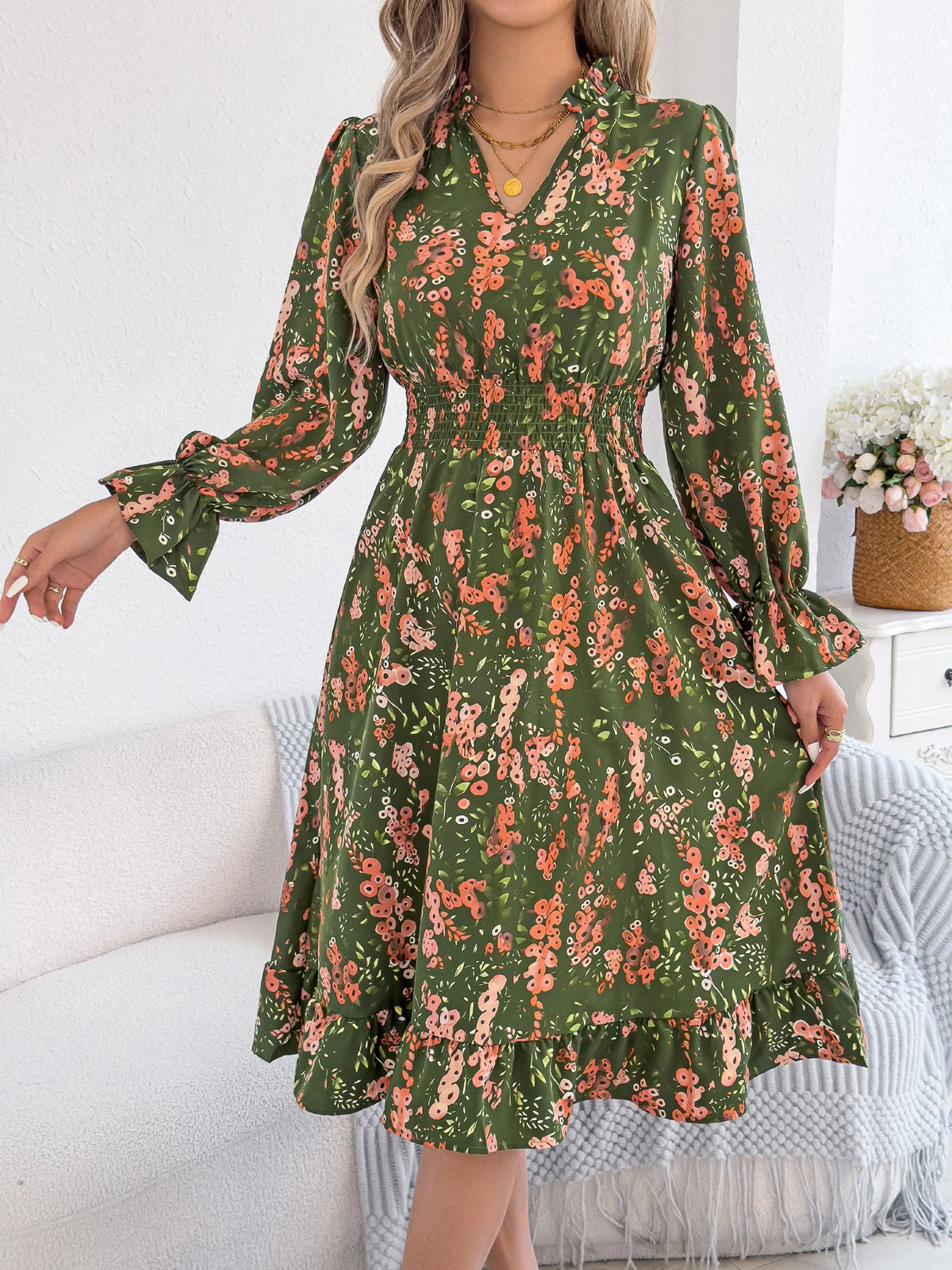 Women's Long Sleeve Ruffled A-Line Dress