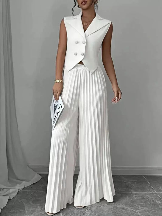 Women's White 2 Piece Outfit Double Breasted Vest and Pleated Wide Leg Pants Set Elegant Office Lady Business Casual Summer Suit