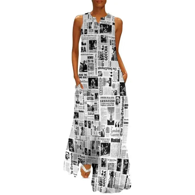 Newspaper Collage Print Dress Women Elegant Maxi Dress Street Style Casual Sleeveless Long Dress Summer V-Neck Pattern Vestidos
