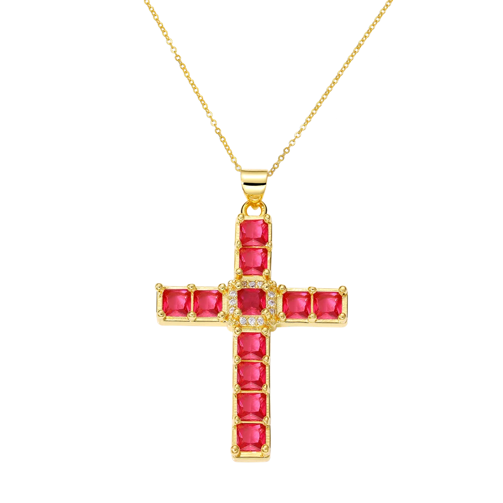 Juya 18K Real Gold Plated Handmade Decoration Cubic Zirconia Enamel Cross Pendant Necklace For Women Christian Jewelry Supplies