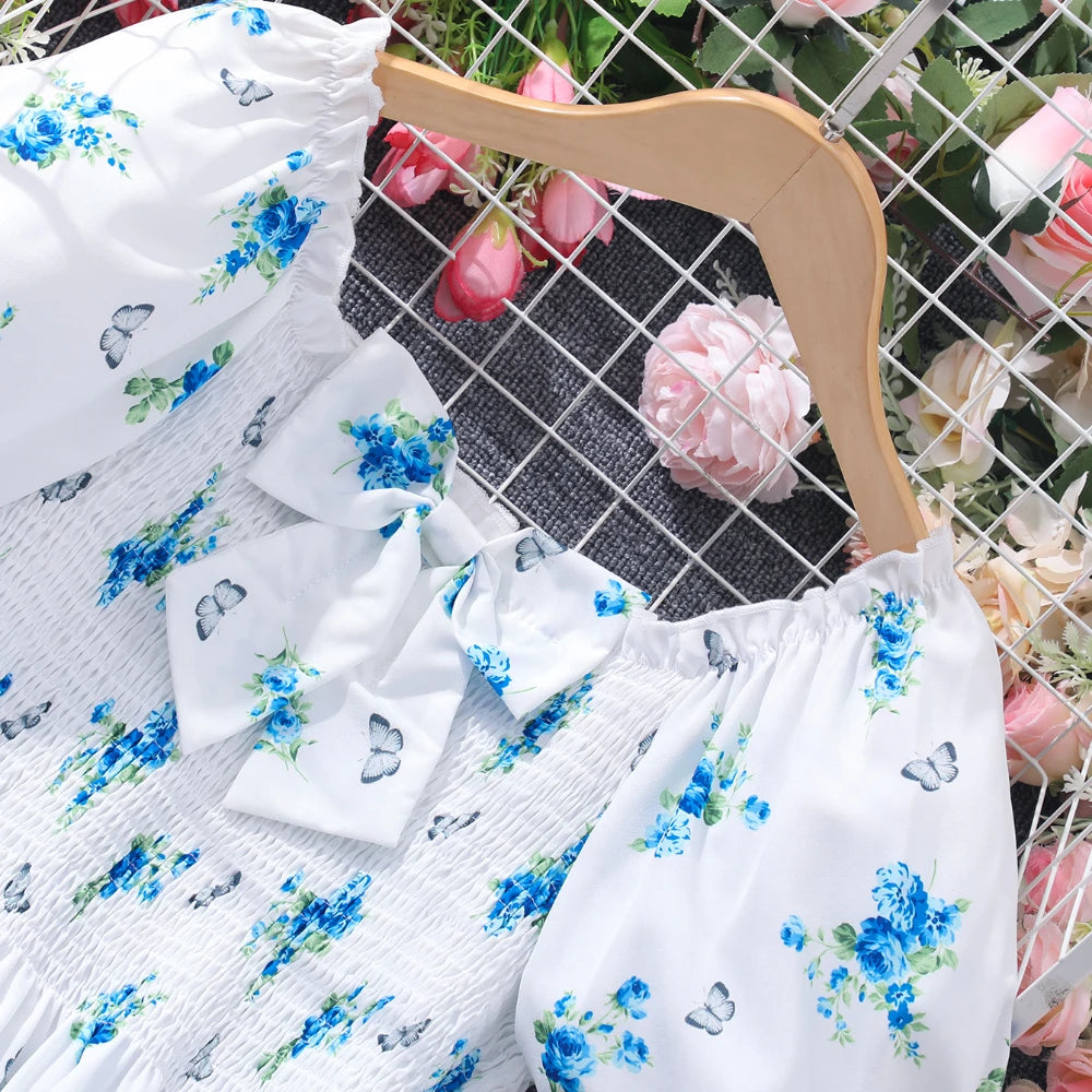 New Children Clothes Teen Girl Dresses Summer Blue Floral Long Big Kids Party Dress Fashion Elegant Pretty 13 14 15 16Yrs Old