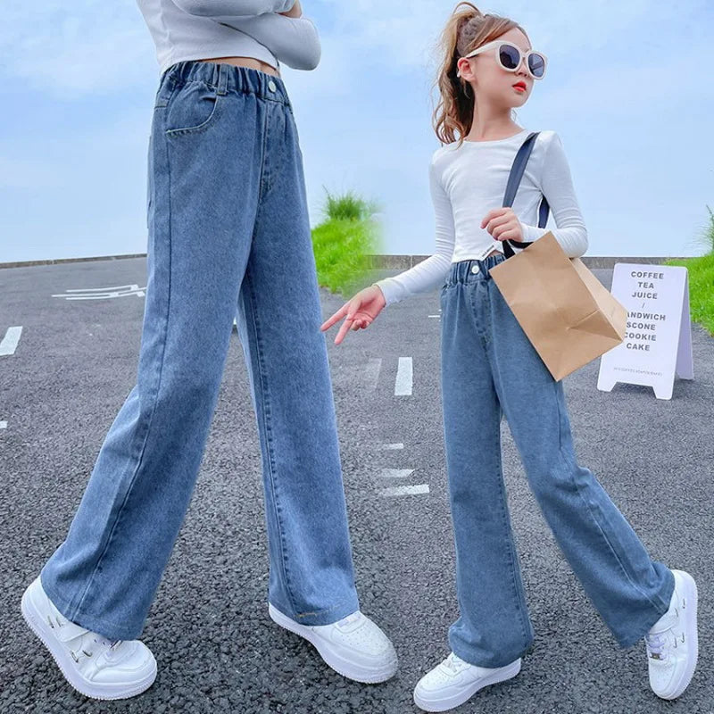 Teenage Girls Jeans 2026 Spring Autumn Casual Fashion Loose Blue Kids Leg Wide Pants School Children Trousers 6 8 10 12 Year