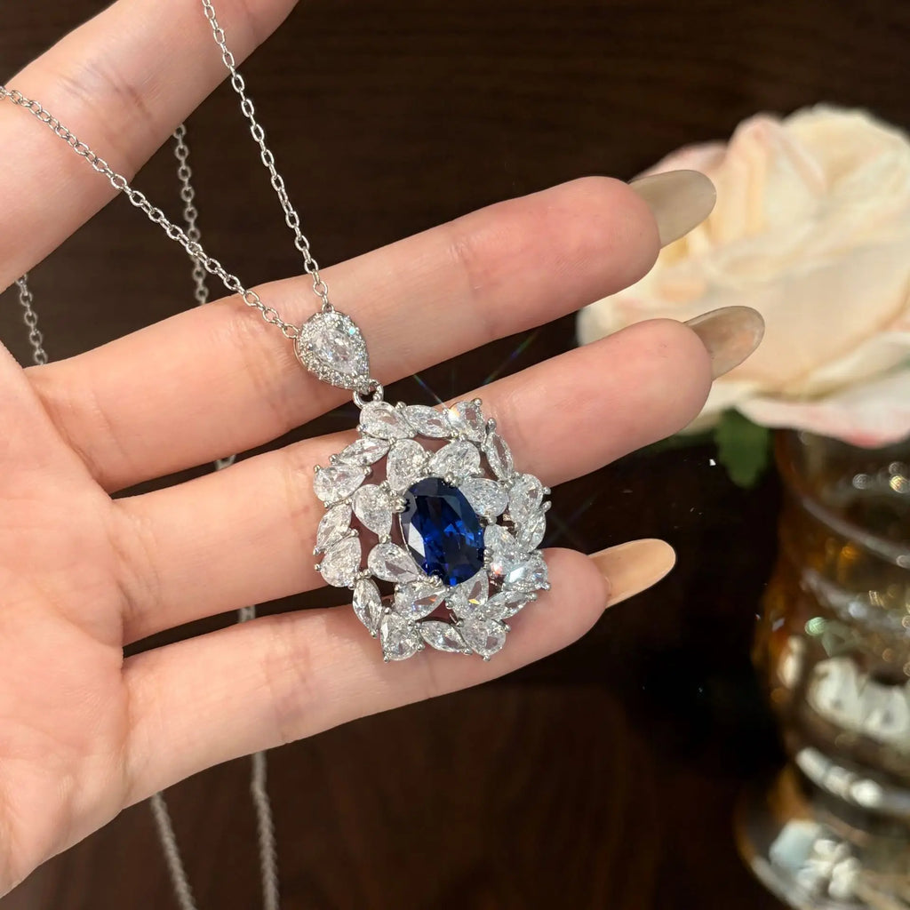 luxury quality jewelry sets brilliantly full diamonds blue earrings silver exquisite flower rings necklace wedding accessories