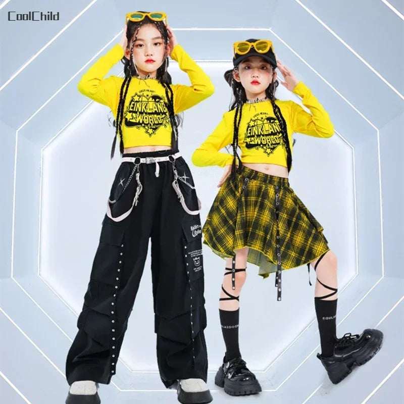 Hip Hop Kids Cool Crop Top K-pop Street Dance Cargo Pants Plaid Skirts Girls Streetwear Children Yellow Jazz Costume Clothes Set