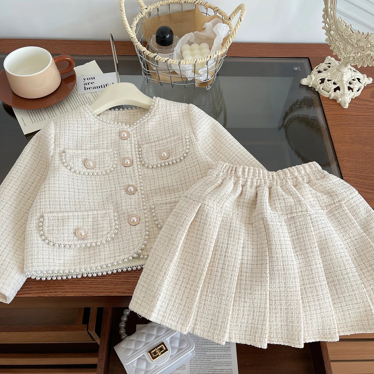 Teen Girl Clothes 2025 Tweed Two Piece Skirt Sets Luxury Designer Outfit Coat Suit Costume Kids Clothing Children Beige Boutique