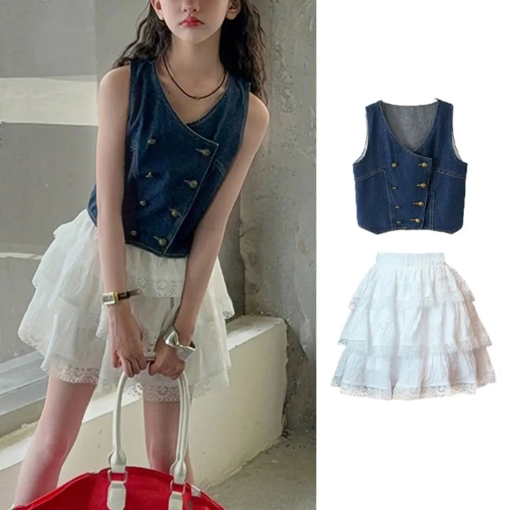 Fashion Cowboy Vest Girls Sweet Clothes Set Lace Children Vest Cake Skirt Set Clothing Loose Teens Two Pieces Suit Spring Summer