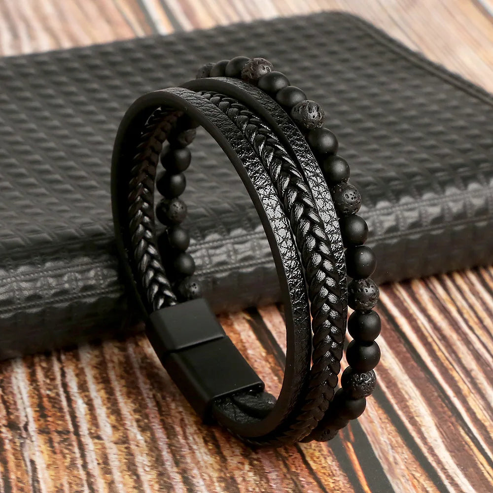 Classic 4-Layer Tiger Eye Stone Hand-Woven Leather Bracelets For Men Punk Fashion Alloy Magnetic Buckle Casual Bracelet Jewelry
