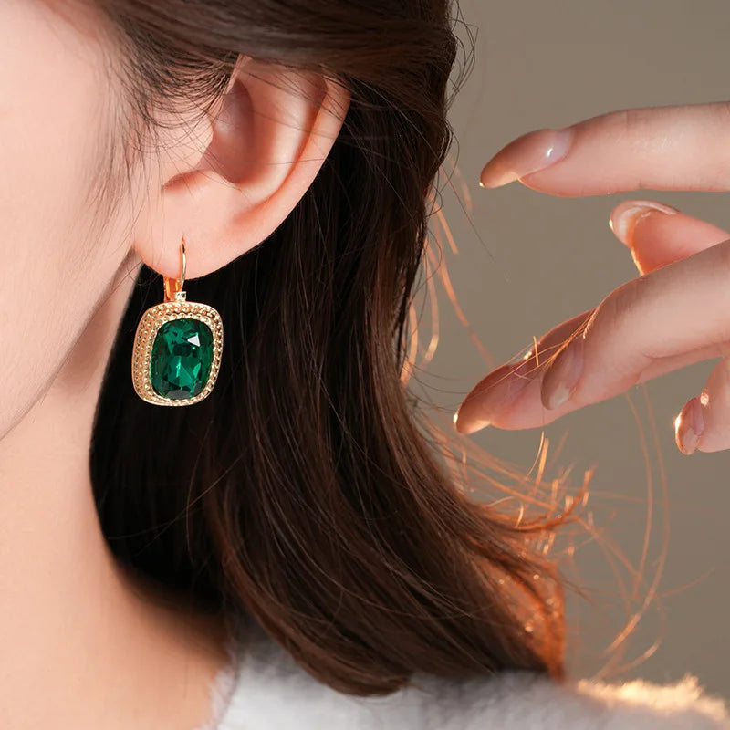 DREJEW Vintage Emerald Rectangular Earrings for Women Temperament Hoop Earring Wedding Bride Accessories Dropshipping