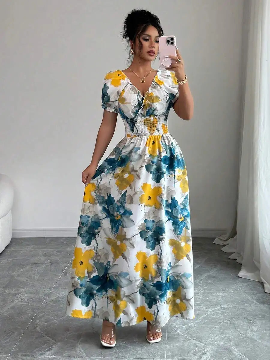 2026 Summer Women Slim Shirred Maxi Dress, V Neck Big Floral Print Long Dress, Yellow And Blue Flower Ladies Dress