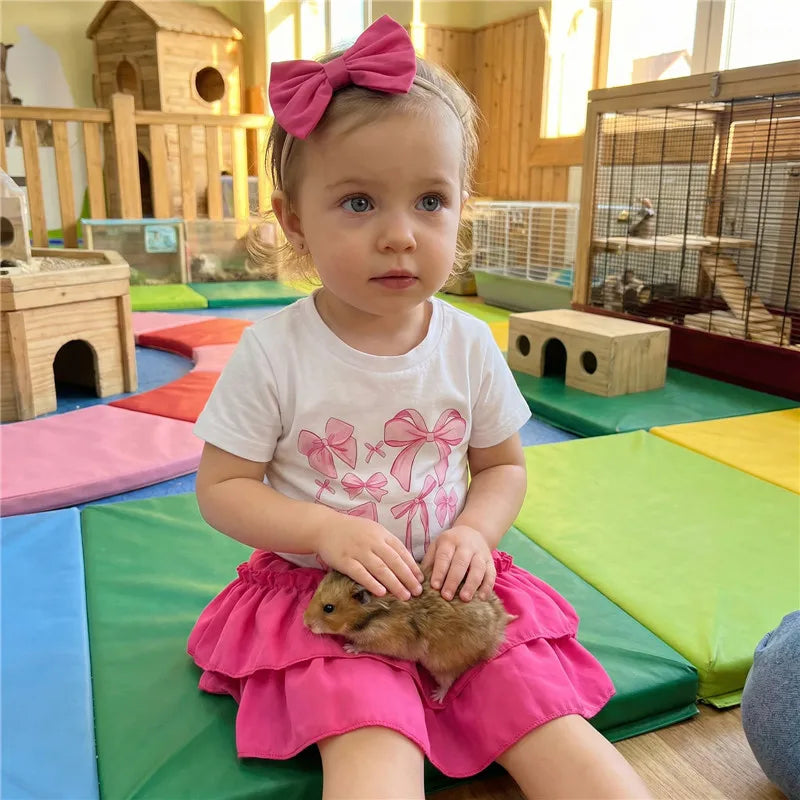 1-4years Infant Girl Summer Outfits Bow Print T-Shirt Riffled Skirt Bow 3 Pcs clothes Set for toddler girls