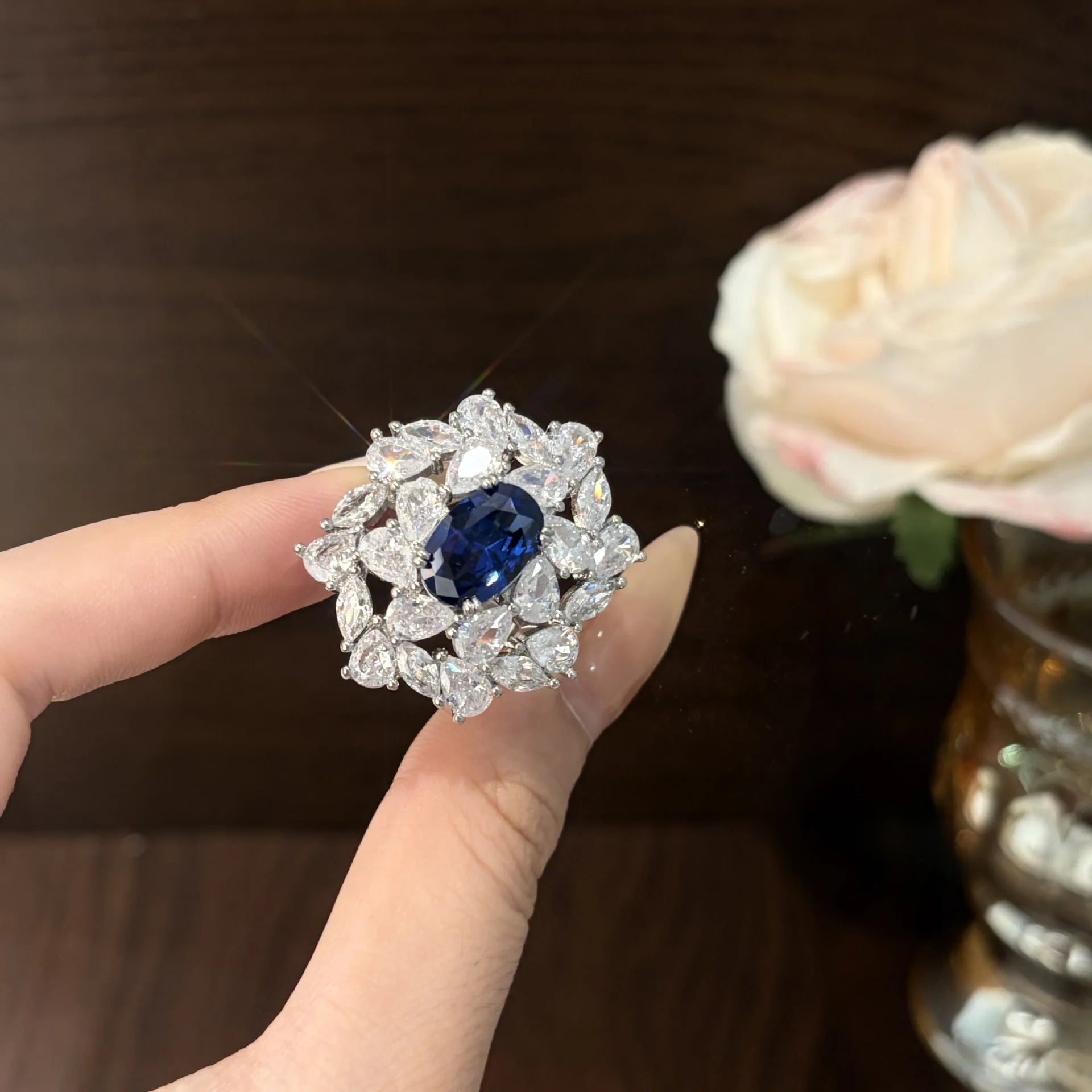 luxury quality jewelry sets brilliantly full diamonds blue earrings silver exquisite flower rings necklace wedding accessories