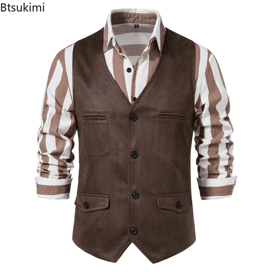Fashion Men Clothing High Quality Suede Suit Vests Men's V Neck Sleeveless Business Formal Waistcoats Wedding Party Dress Vests