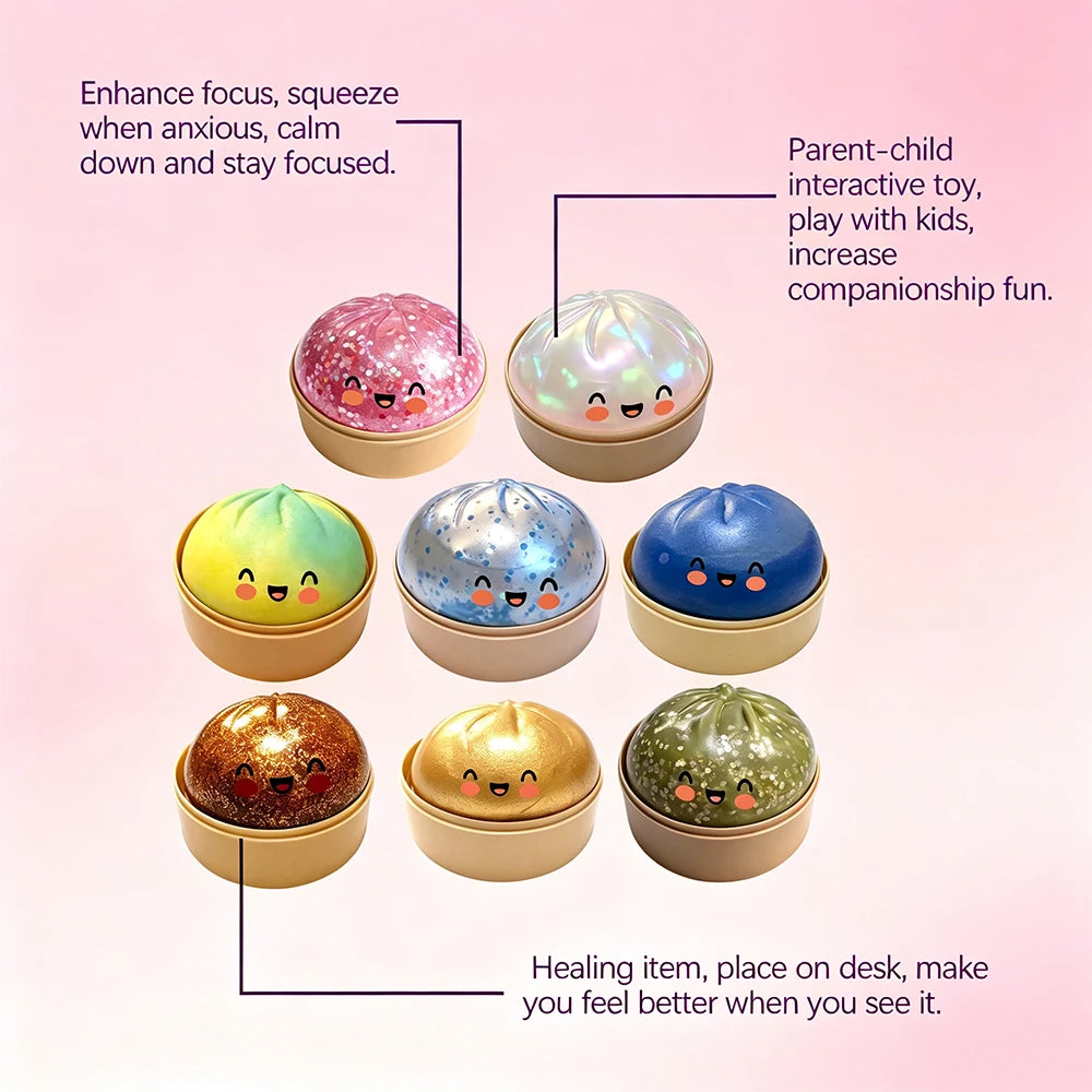 Squishy Bun Stress Relief Toy, Cute Glitter Steamed Bun Squeeze Toy, Slow Rebound Anti-Stress Fidget Toy for Kids Adults