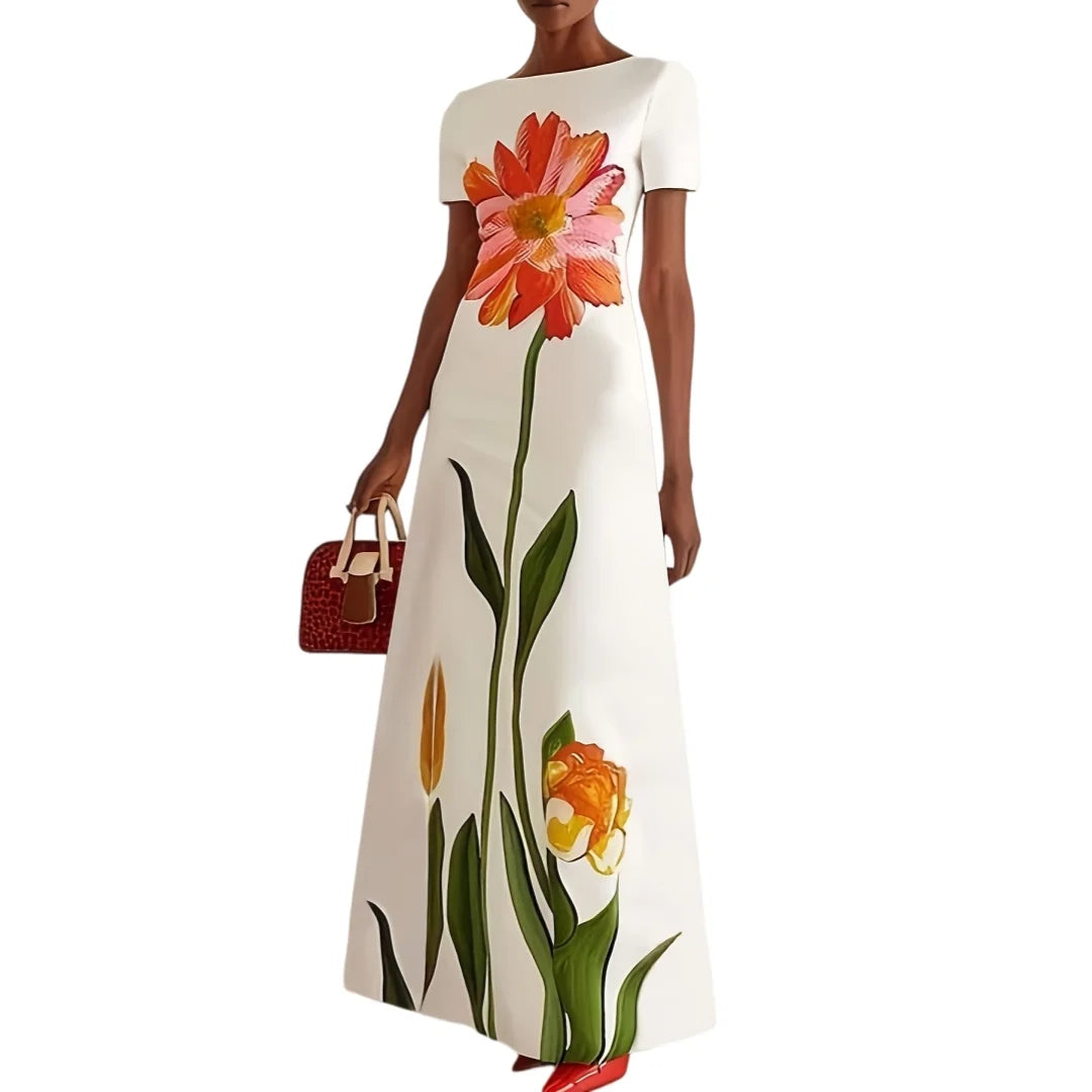 Women's Summer Clothing, New Style, Artistic Print, Round Neck, Short-Sleeved, Long Dress, Retro Slim-Fit Long Dress, Fashionable and Elegant, Suitable for Daily Commuting, Dating, Weddings, Banquets, Graduation Ceremonies