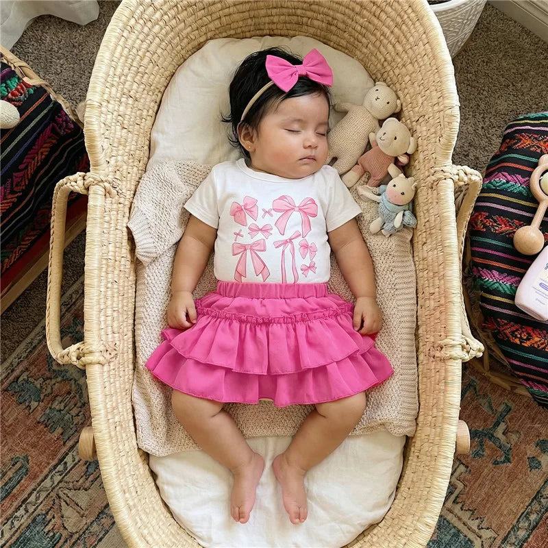 1-4years Infant Girl Summer Outfits Bow Print T-Shirt Riffled Skirt Bow 3 Pcs clothes Set for toddler girls
