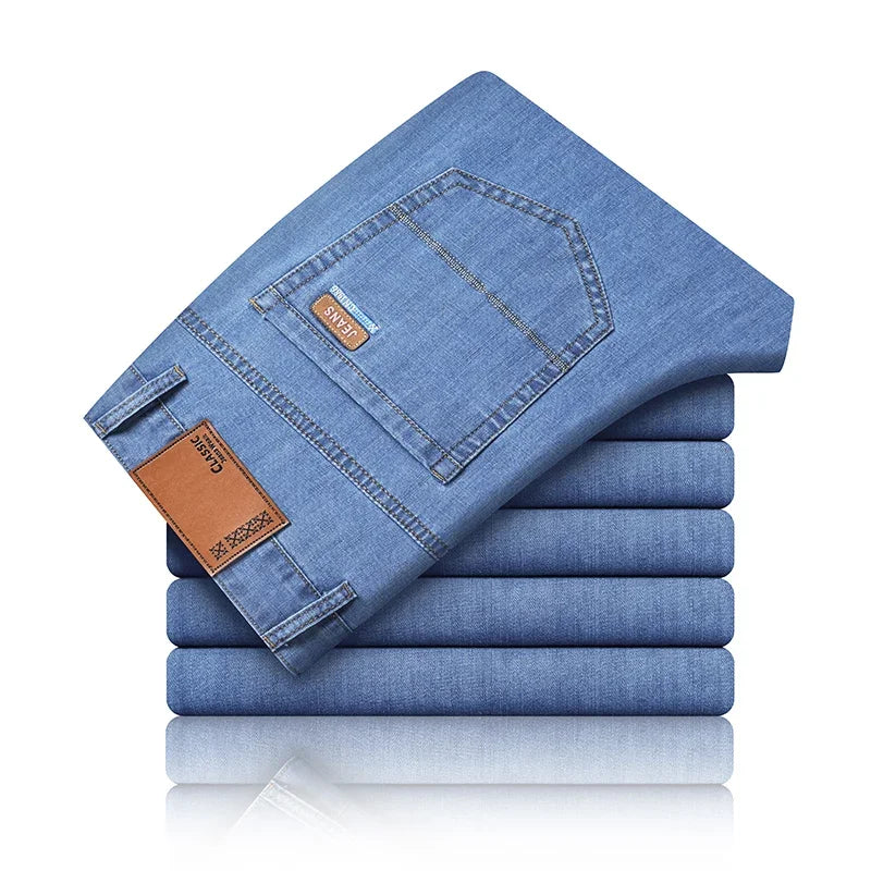 New Ice Silk Thin Denim Jeans For Men Blue Straight Stretch Cotton Pants Business Casual Lightweight Trousers Spring Summer