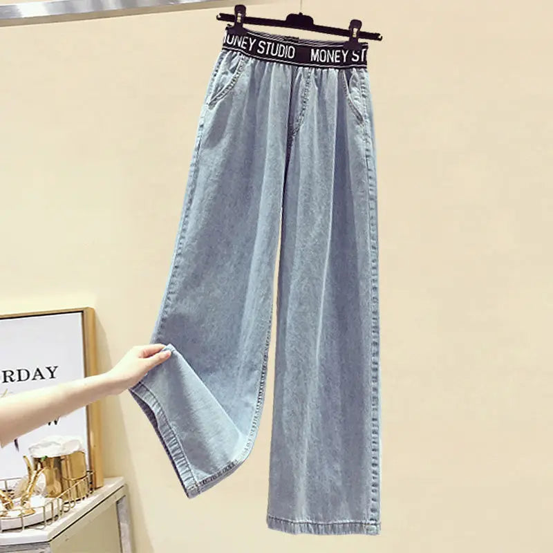 Large Women's 2022 Spring and Summer New Design Sense of Minority T-Shirt Top Thin Wide Leg Jeans Two-piece Suit Women