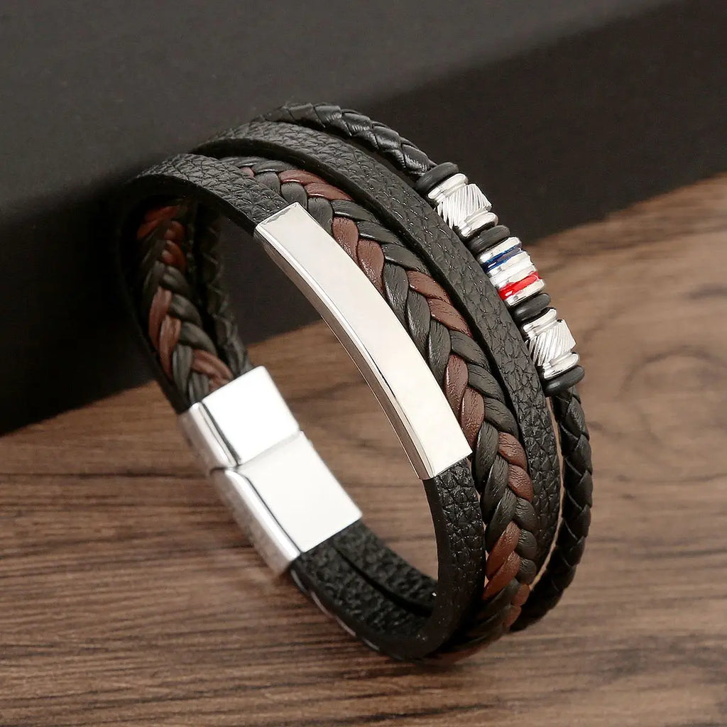Classic 4-Layer Tiger Eye Stone Hand-Woven Leather Bracelets For Men Punk Fashion Alloy Magnetic Buckle Casual Bracelet Jewelry