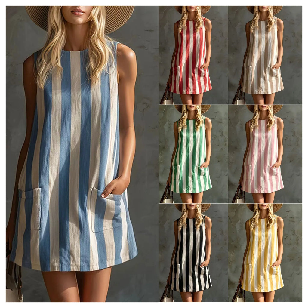 Women's Casual Dresses Woman Clothes Elegant Party Summer Dress Female Clothing Fashion Striped Sleeveless Round-neck Mini Dress