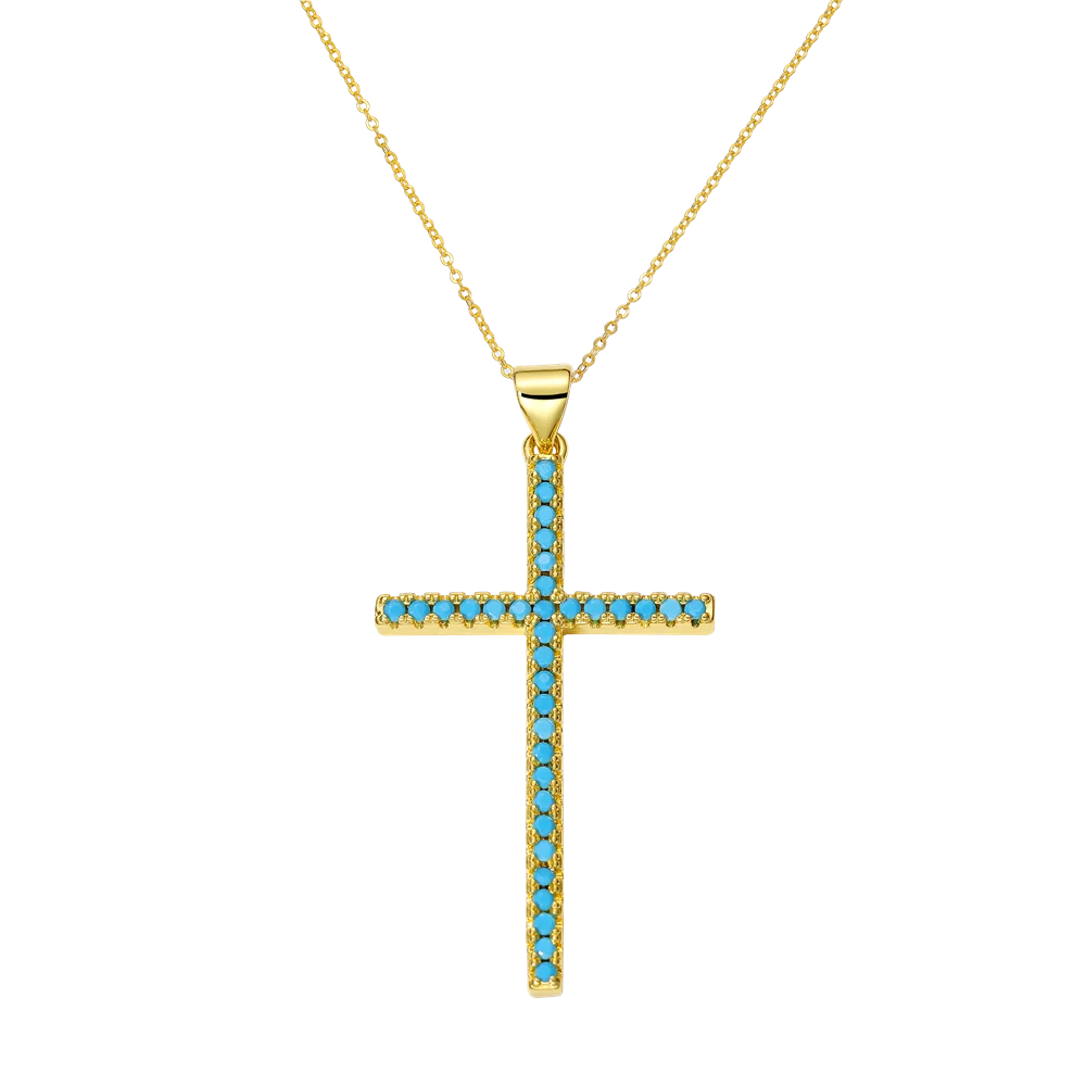 Juya 18K Real Gold Plated Handmade Decoration Cubic Zirconia Enamel Cross Pendant Necklace For Women Christian Jewelry Supplies