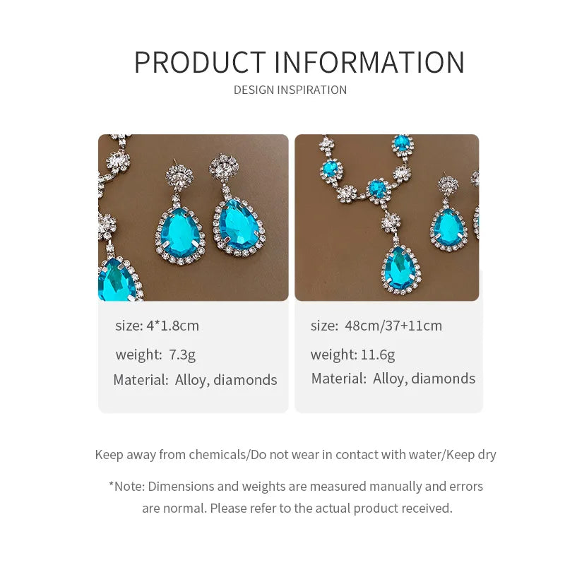 DREJEW Diamond-inlaid Blue Water Drop Jewelry Set for Women  Light Luxury High-end Temperament  Wedding Earrings Necklace Sets