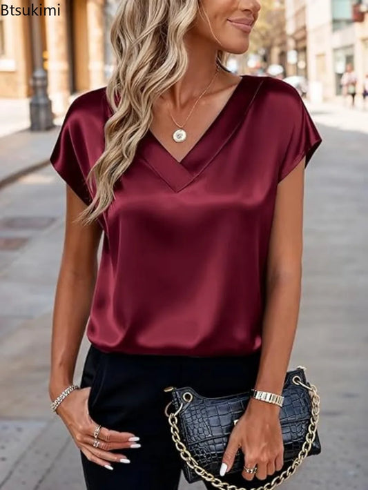 Women's Summer New T-shirt Casual V-Neck Short Sleeve Blouse Business Casual Tops Satins Silk Summer Shirt Work Solid Color Tops