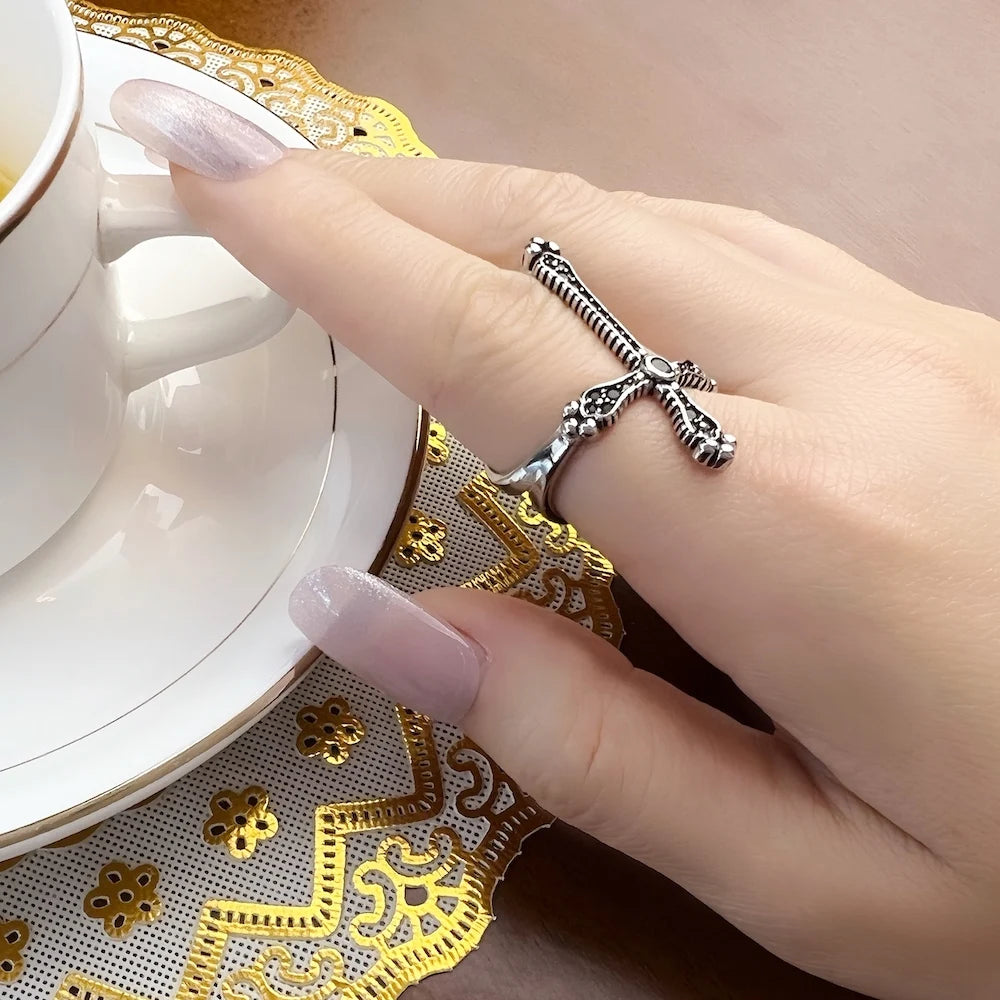 Royalty Cross Black Stones Ring,Victorian Fine Jewerly For Women,2023 Spring Vintage Gift In 925 Sterling Silver