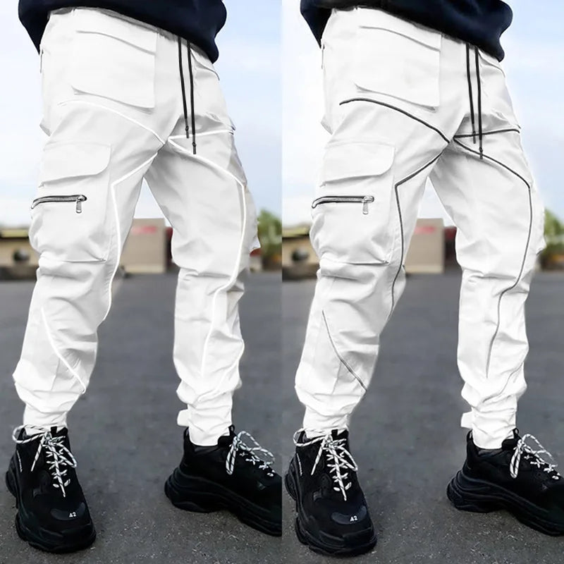 Mens Casual Black White Patchwork Cargo Pants Loose Plus Size Striped Multi Pocket Jogging Sports Fitness Hip Hop Jogger Trouser