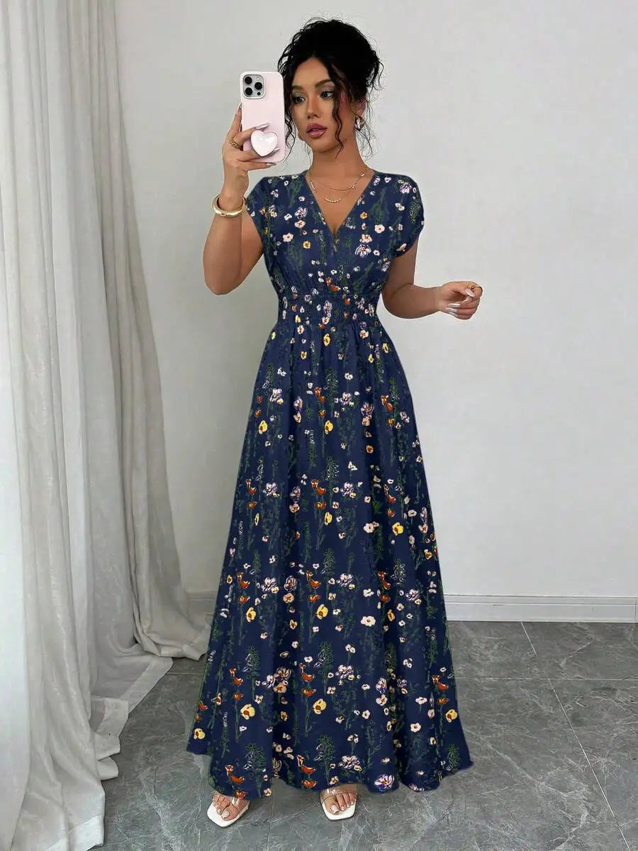 Women's Floral V-Neck Sleeveless Waist Cinched Maxi Dress Navy Blue Floral Summer Boho Holiday Tea Party