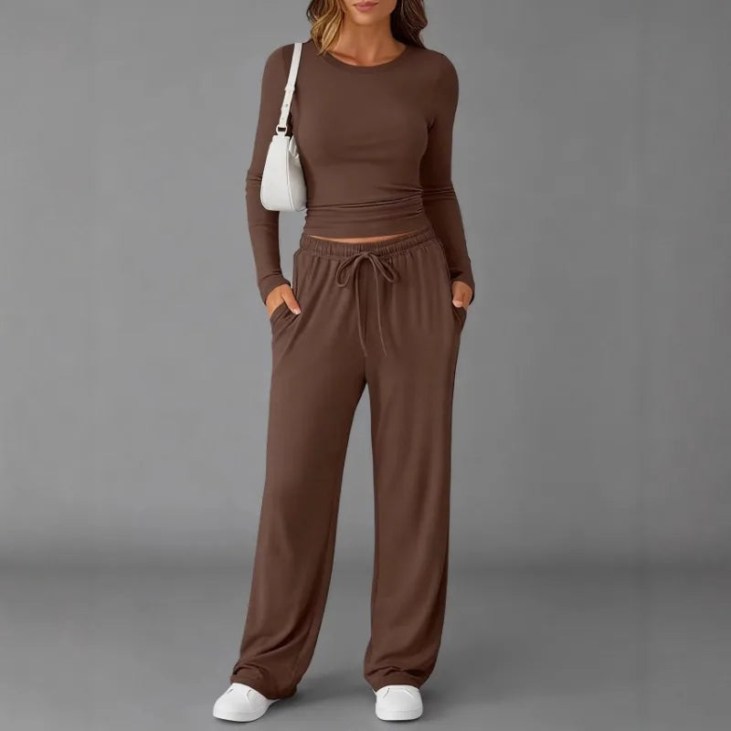 Women's Clothing European American Fashion Casual Sports Autumn Winter Solid Color Drawstring Long-sleeved Suit Pant Sets