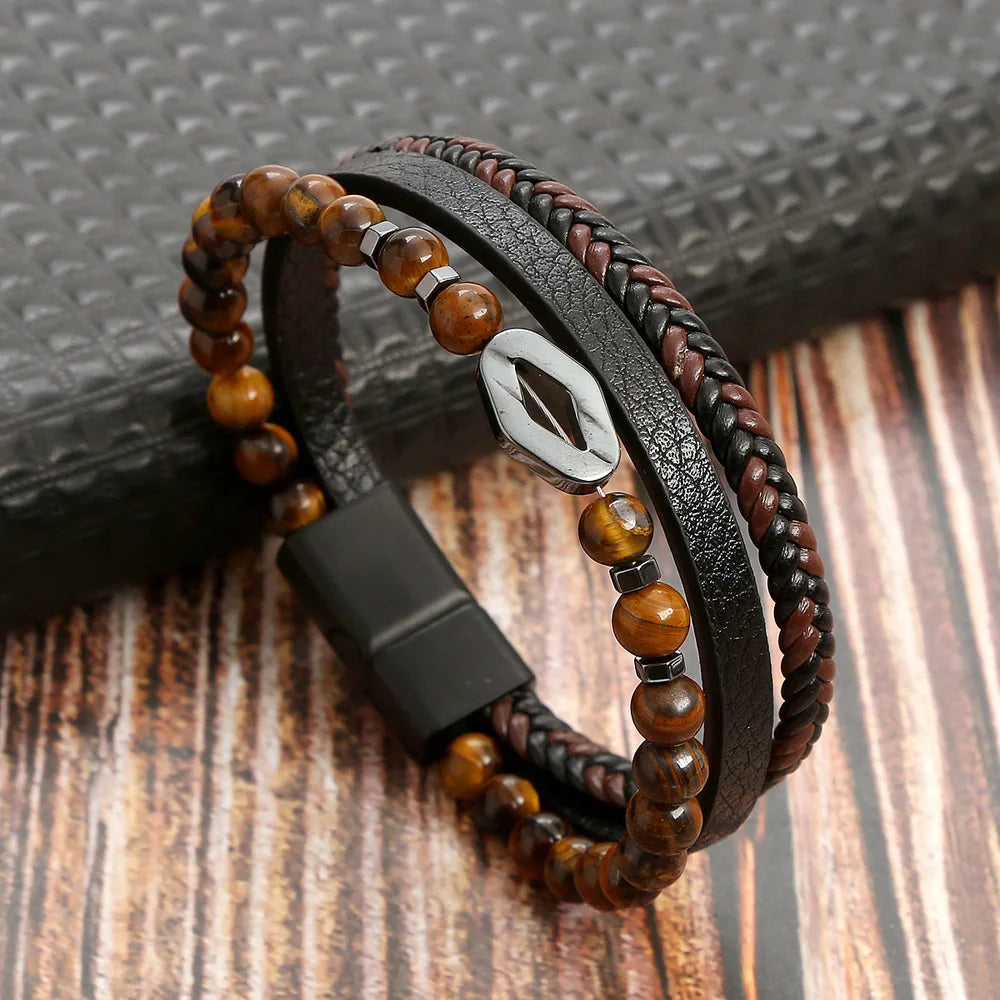 Classic 4-Layer Tiger Eye Stone Hand-Woven Leather Bracelets For Men Punk Fashion Alloy Magnetic Buckle Casual Bracelet Jewelry