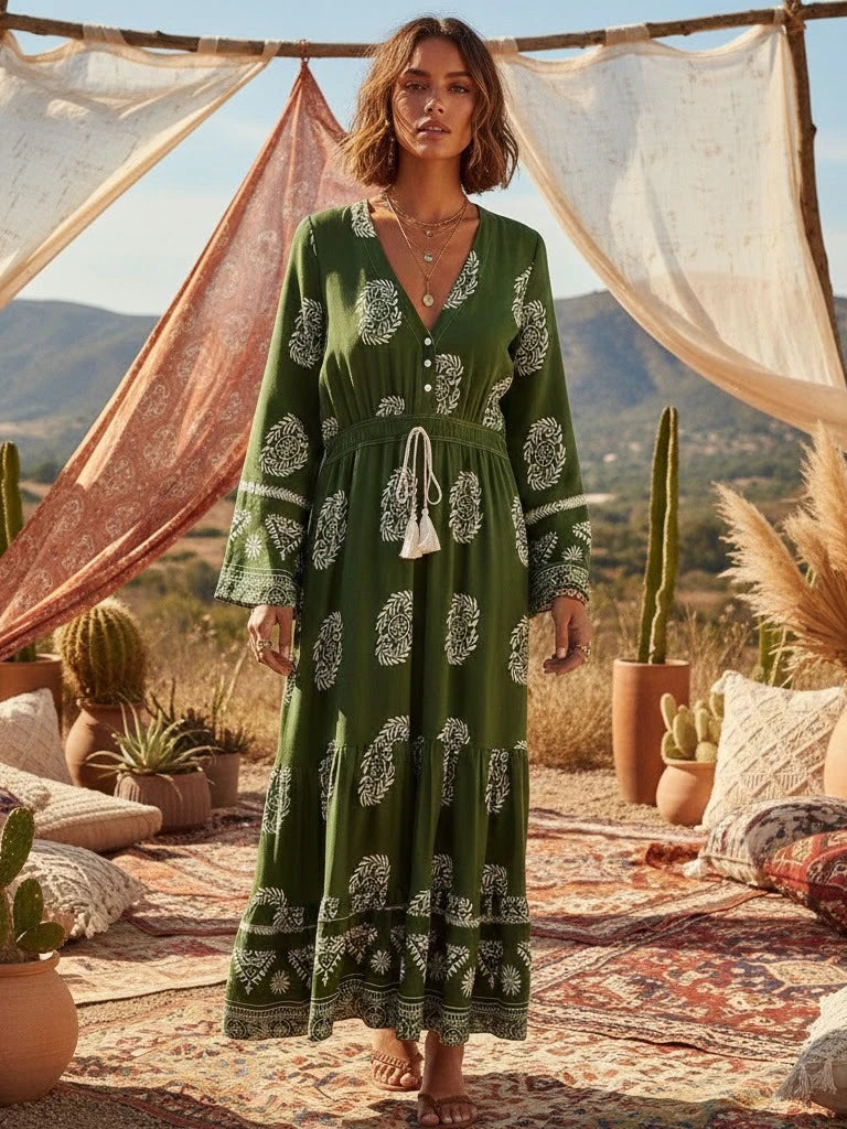 Vintage Chic Women Green Wild Floral Long Sleeve Tassel Beach Bohemian Dress Ladies Deep V-neck Autumn Boho Maxi Dress Vestidos