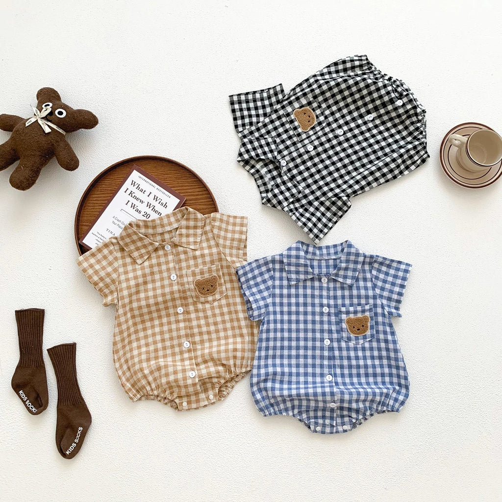 Baby Summer Clothes Boys Checked Bear Embroidered Shirt Collar Short-Sleeved Jumpsuit Children's Clothing