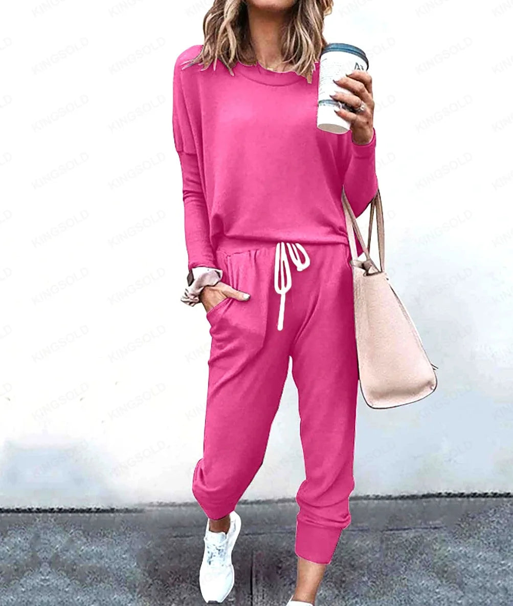 Women Casual Two Piece Outfit Set Long Sleeve Top and Drawstring Pants Loungewear