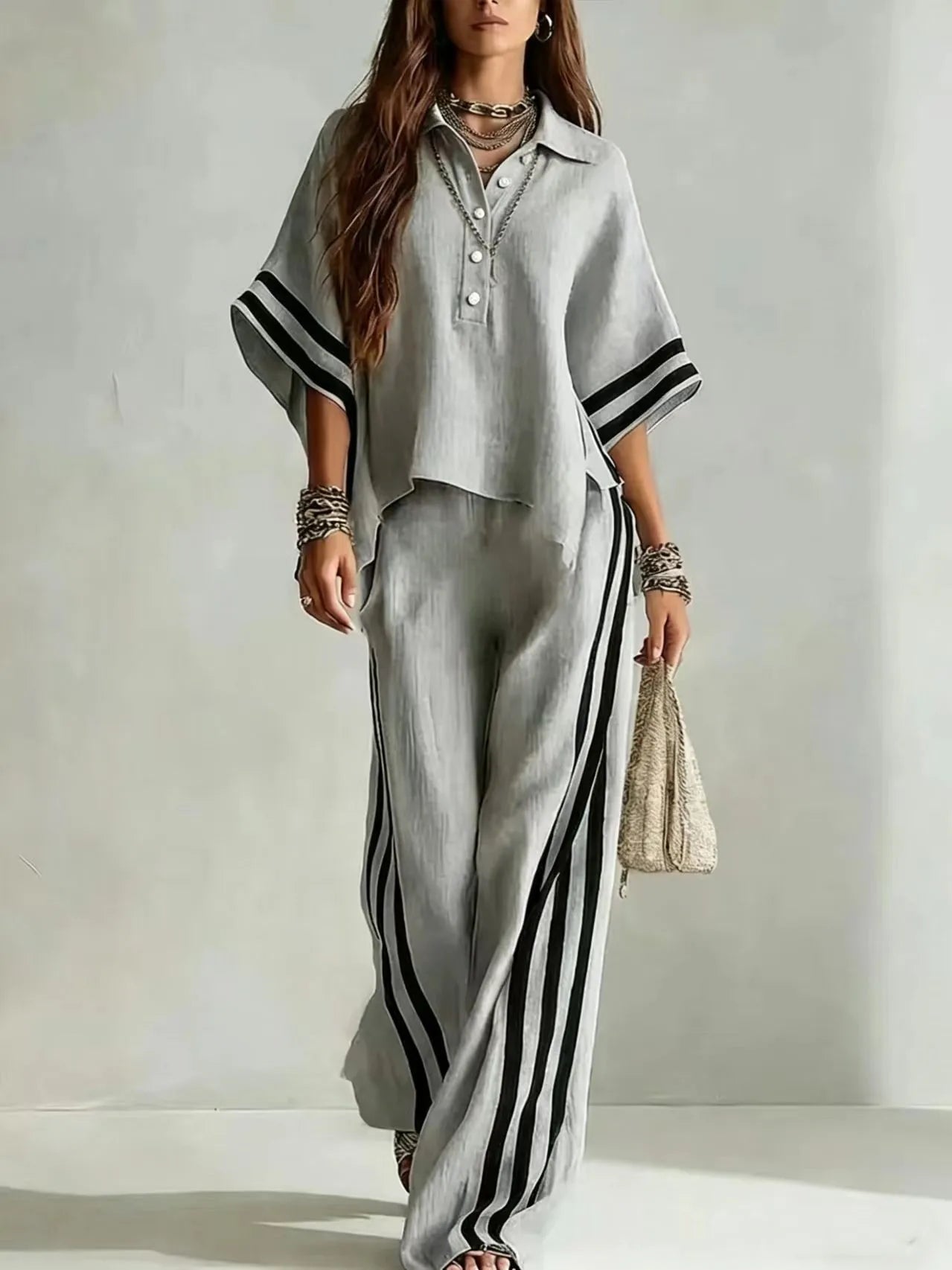 New Summer Women 2-Piece Outfit Three-quarter Sleeve Lapel T-shirt Tops + Loose Striped Pants Female Casual Boho  Matching Set