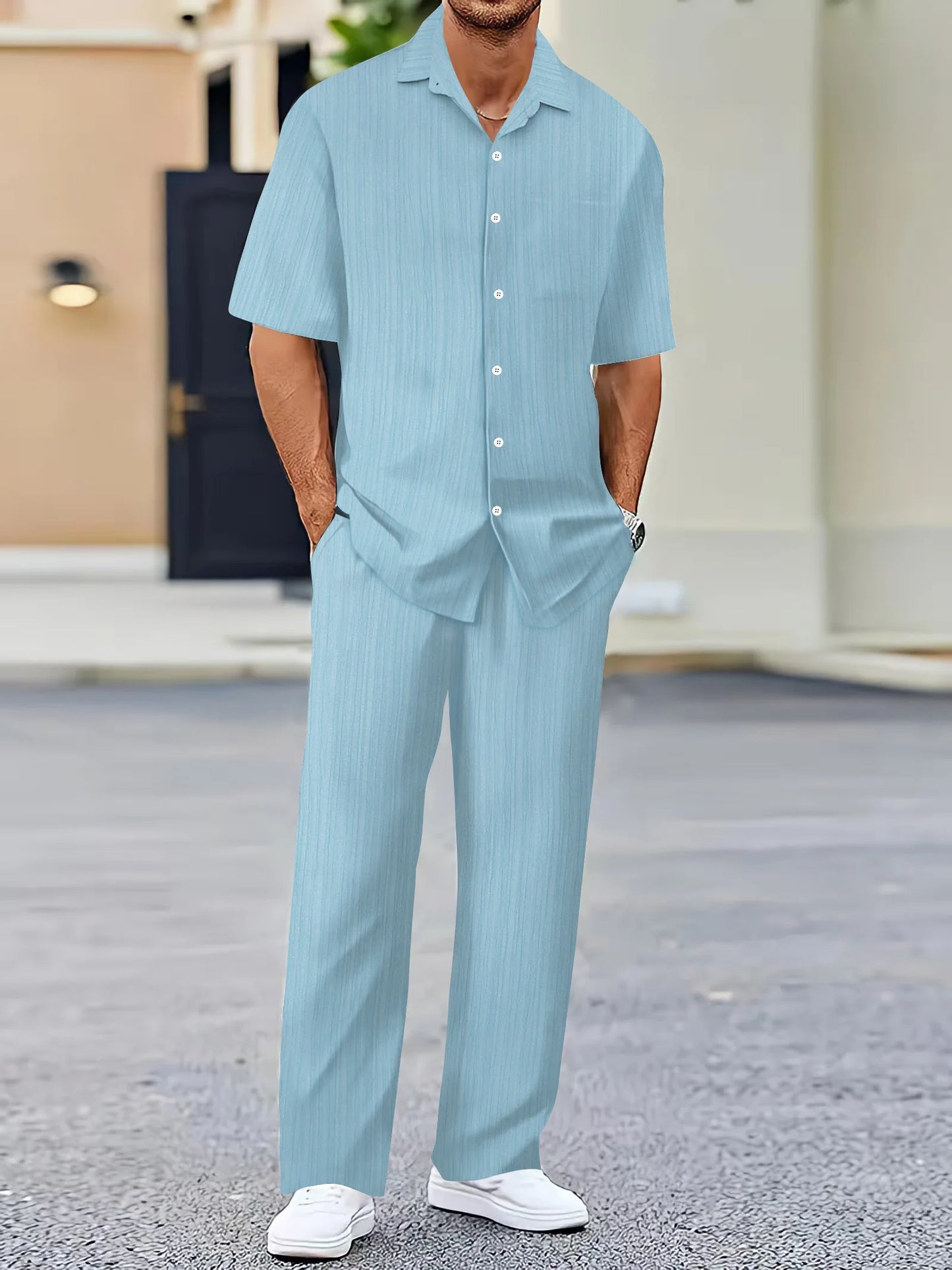 Men's casual suit, fashion comfortable linen solid color stand collar shirt street loose long sleeve two-piece