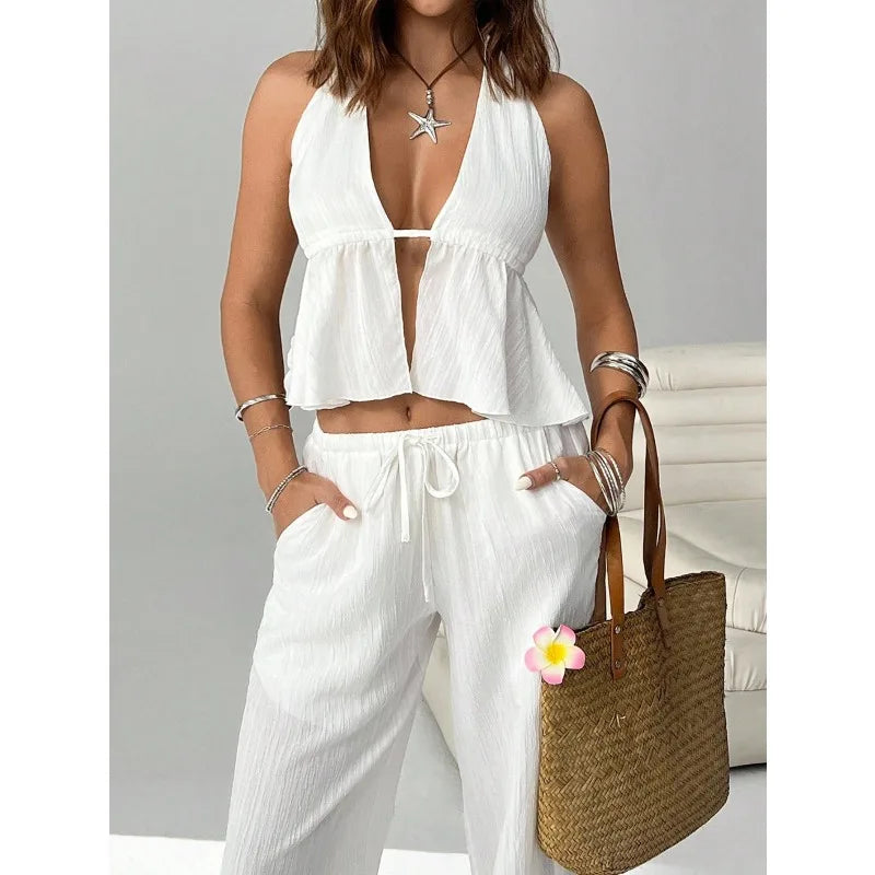 Women 2 Piece Outfits Halter Backless Tie Up Crop Top and Wide Leg Pants Casual Summer Vacation Two Piece Loungewear Tracksuit