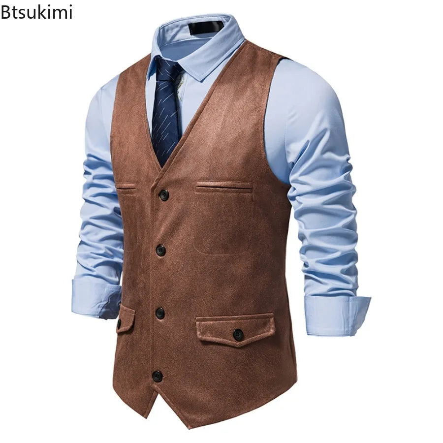 Fashion Men Clothing High Quality Suede Suit Vests Men's V Neck Sleeveless Business Formal Waistcoats Wedding Party Dress Vests