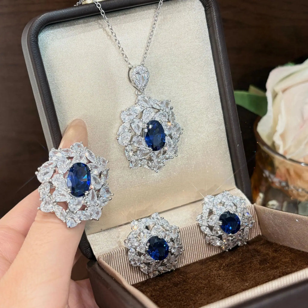 luxury quality jewelry sets brilliantly full diamonds blue earrings silver exquisite flower rings necklace wedding accessories