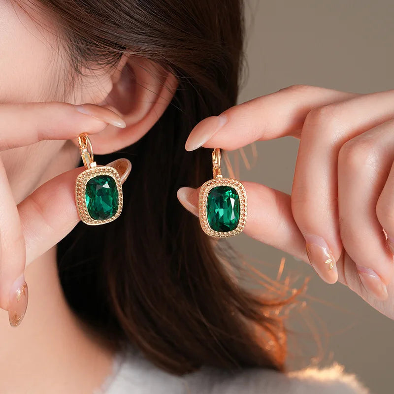DREJEW Vintage Emerald Rectangular Earrings for Women Temperament Hoop Earring Wedding Bride Accessories Dropshipping