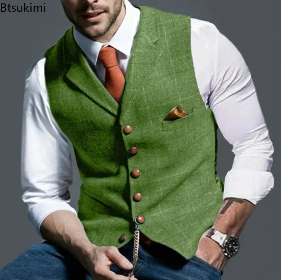 2026 Men's Formal Vests Lapel Tweed Plaid V-neck Waistcoat Slim Vest Business Formal Dress Suit Casual Wedding Tuxedo Male Vest